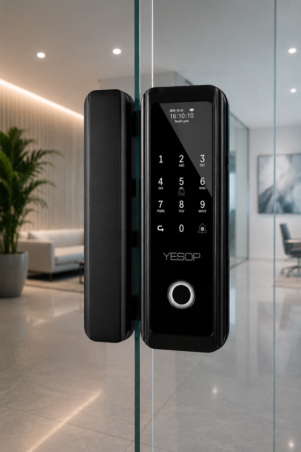 Fechadura digital Yesop biométrica WiFi (Tuya) instalada em porta de vidro